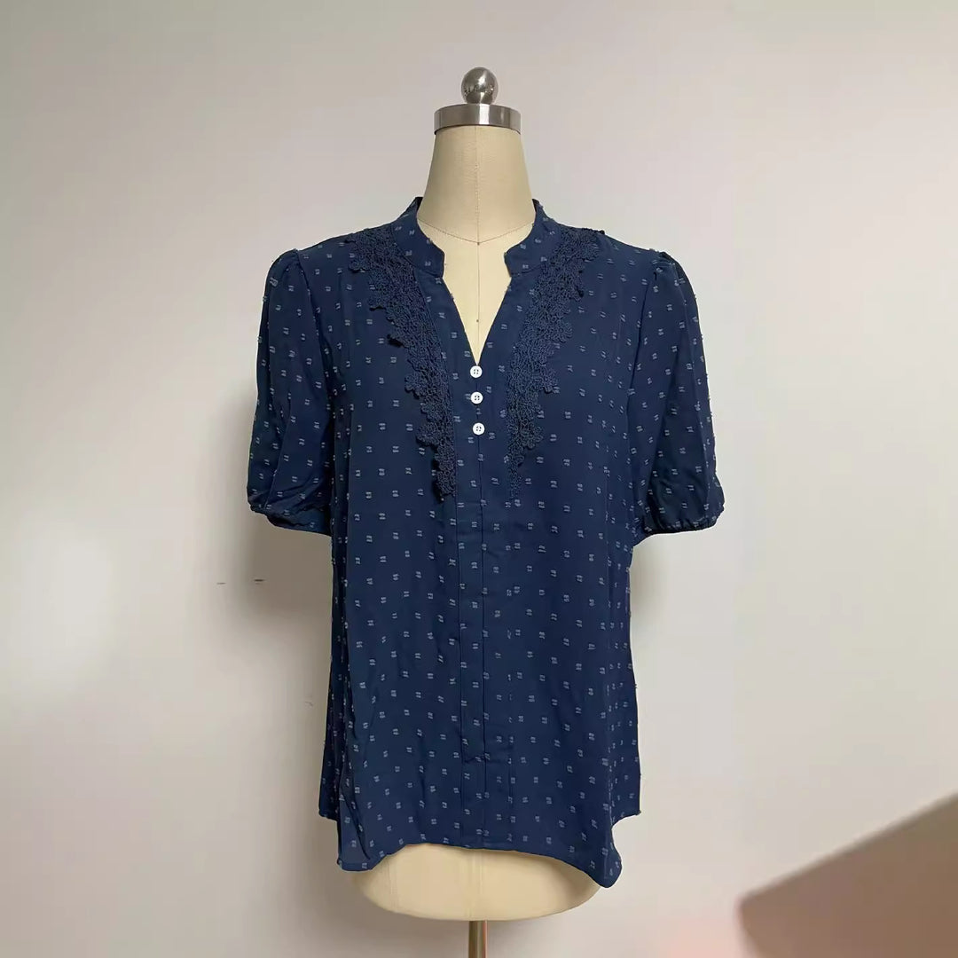 Damen nan semitransparente Dobby-Bluse mit Stehkragen, Häkelblende und Puffärmeln Echo Archiv