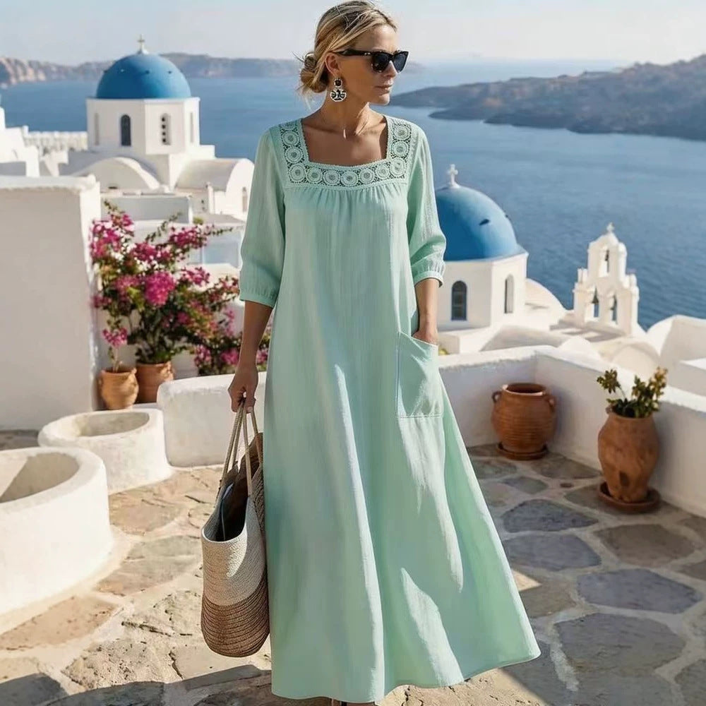 Damen Maxikleid mit gehäkeltem Quadrat-Ausschnitt, dreiviertel Ärmeln und Eingrifftasche Echoarchiv