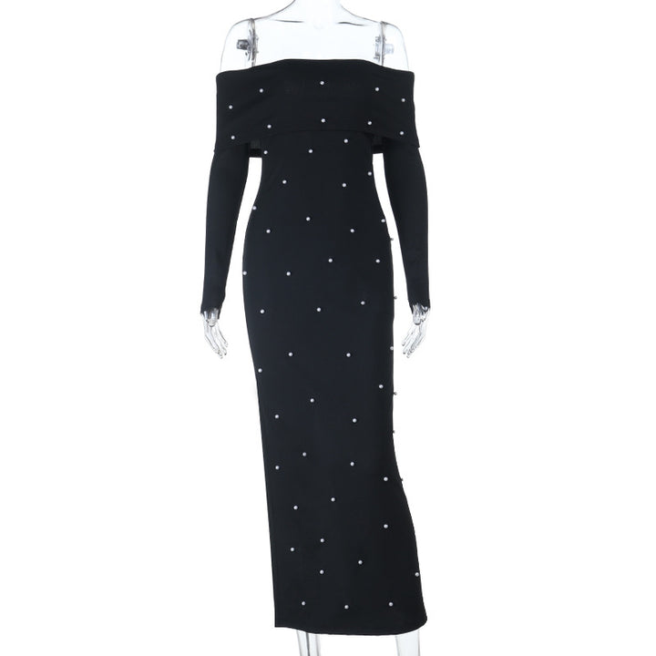 Damen schulterfreies Maxikleid mit eleganter Perlenverzierung und figurbetontem Schnitt Echo Archiv