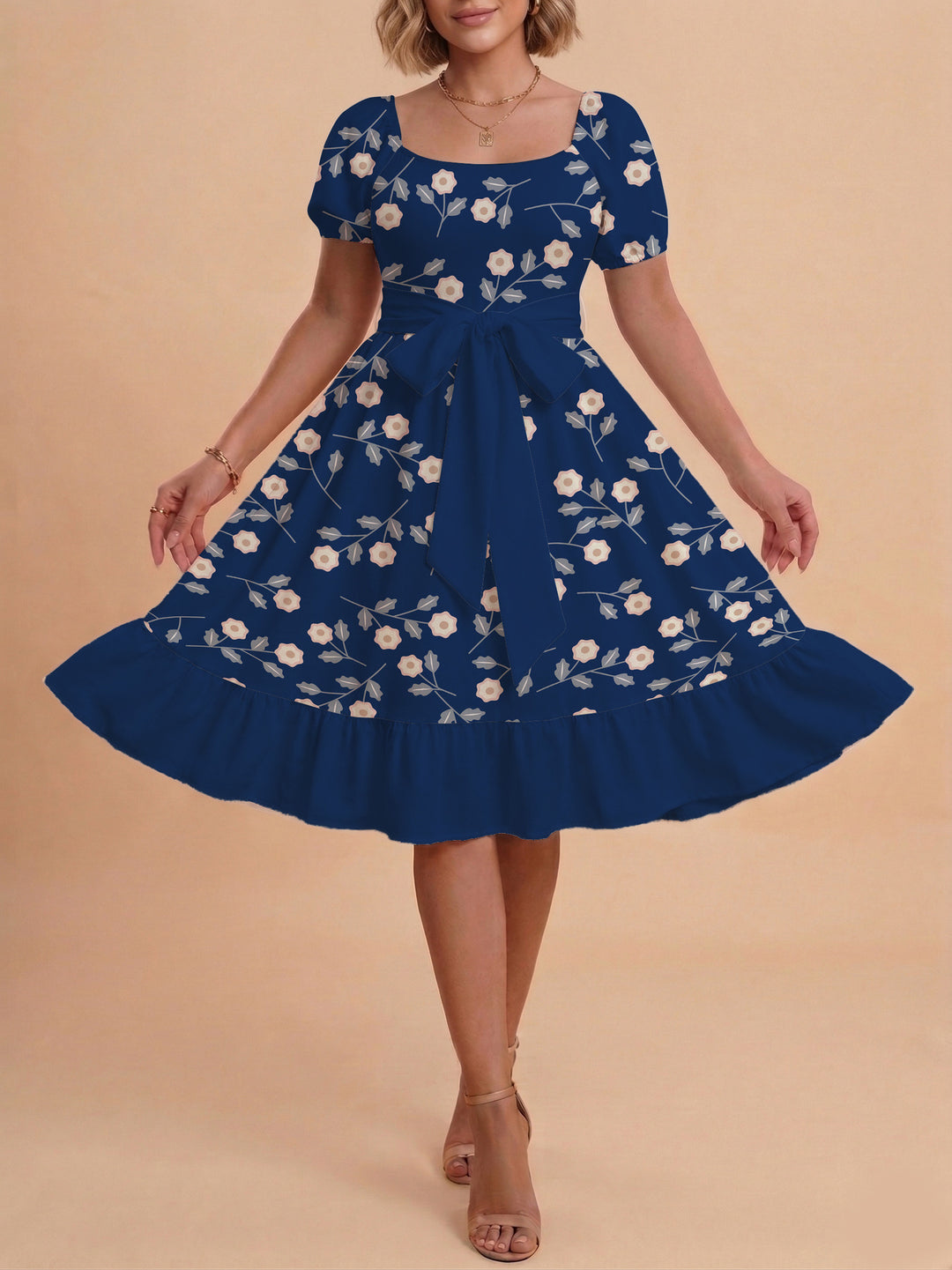 Damen Blumenkleid mit taillierbarem Gürtel und voluminösen Ärmeln Echo Archiv