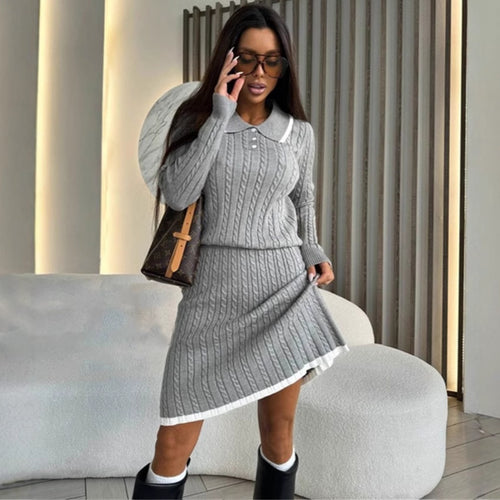 Damen Zweiteiliges Zopfstrick-Kleid mit Taillenbund und Polokragen – Mavelle