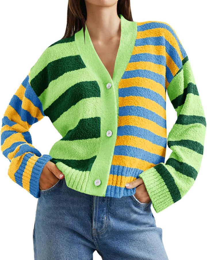 Damen lockerer gestreifter Frottee-Cardigan mit V-Ausschnitt und Knopfleiste – Veloura