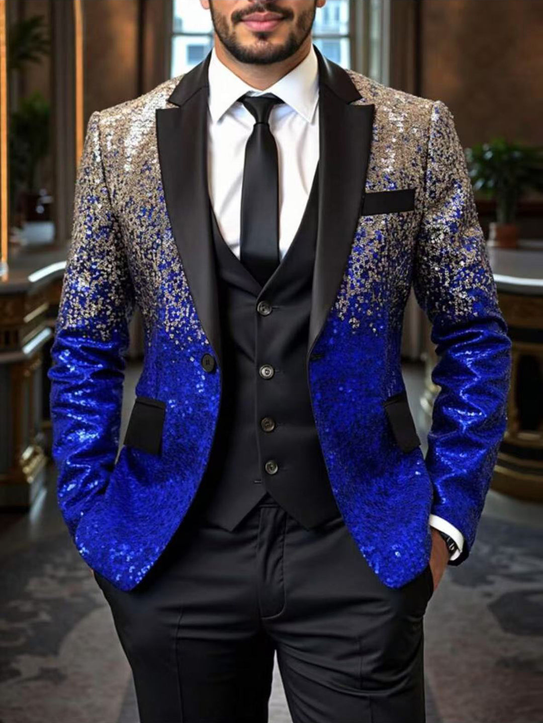 Herren Pailletten‑Sakko mit Satin‑Schalkragen und tailliertem Schnitt Echo Archiv