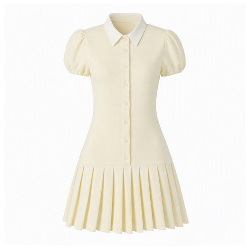 Damen Figurbetontes Hemdblusenkleid mit Puffärmeln und plissiertem Faltenrock Echoarchiv