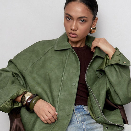 Damen Oversize-Lederimitatjacke im Boxy-Cut mit Raglanärmeln und Zweiwege-Reißverschluss Echoarchiv