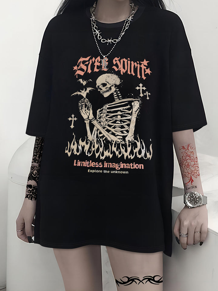 Damen T-Shirt mit künstlerischem Skelettmotiv und einzigartigem Druck Echo Archiv