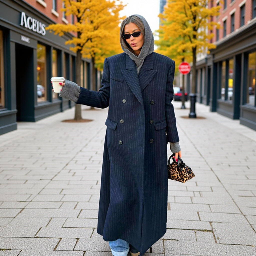 Damen Maximaler Oversize-Mantel im Nadelstreifen-Look mit doppelreihiger Knopfleiste und langen Silhouette Echo Archiv
