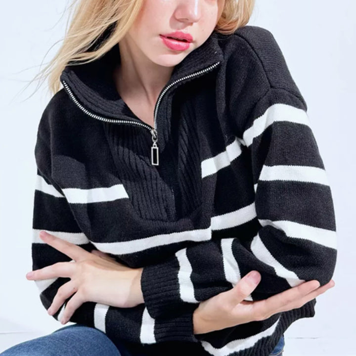 Damen Gestreifter Strickpullover mit kurzem Reißverschluss und Polokragen – Mavelle