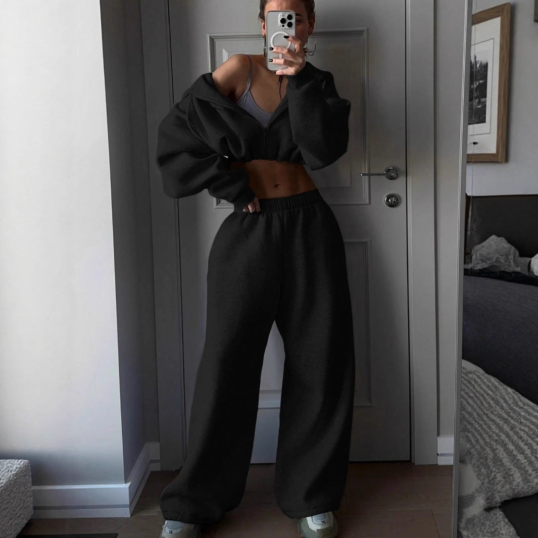 Damen nan kurzes Zip-Hoodie Cropped Sweatshirt mit Kordelzug, angesetzten Ballonärmeln und elastischem Saum Echo Archiv
