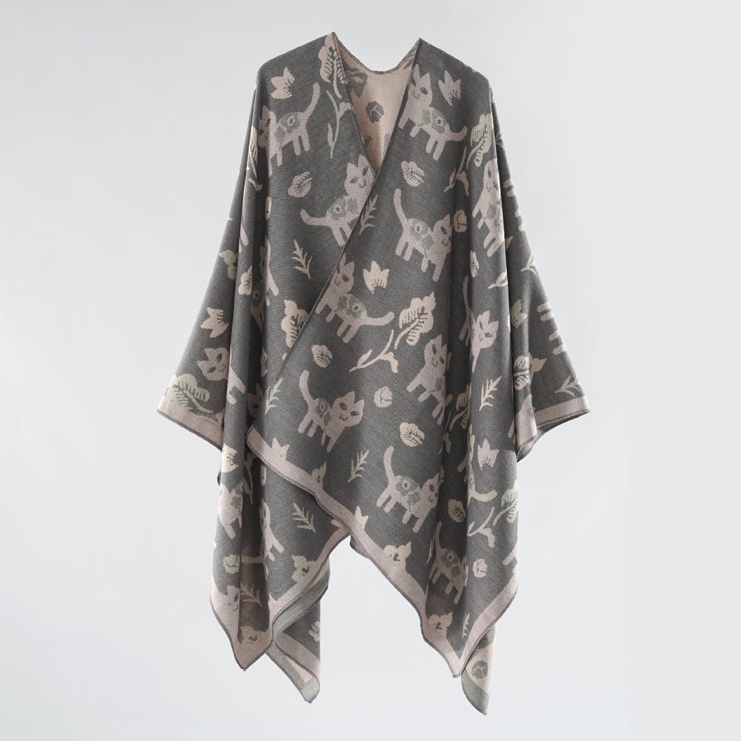 Damen Oversized Ruana im Jacquard mit Katzen- & Blumenmotiv Echo Archiv