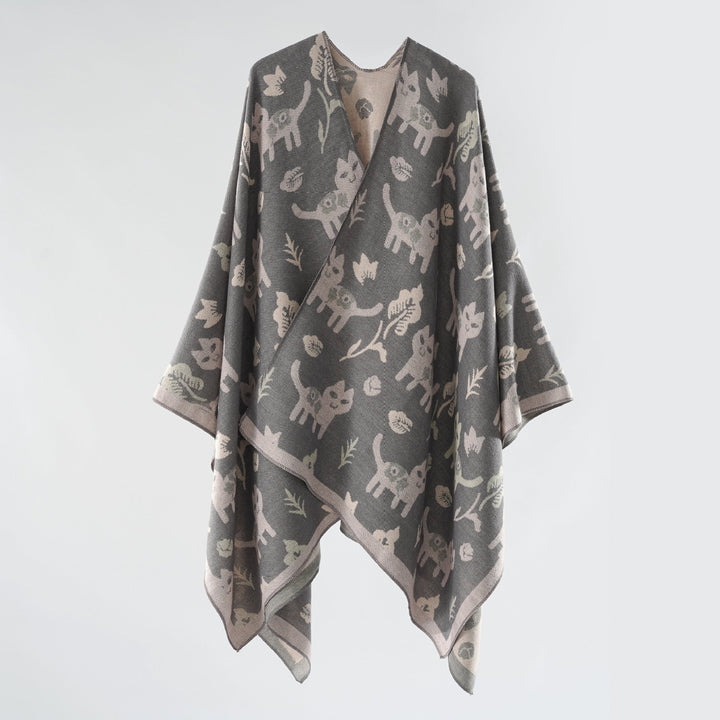 Damen Oversized Ruana im Jacquard mit Katzen- & Blumenmotiv Echo Archiv