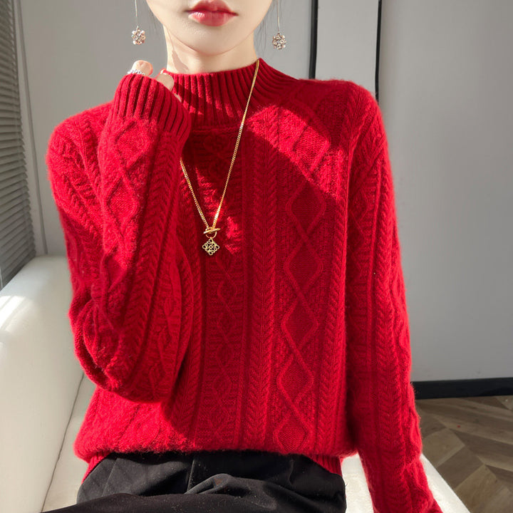 Damen Zopfmuster-Mockneckpullover mit feinem Ajour‑Detail und flauschiger Kaschmir‑Optik Echoarchiv