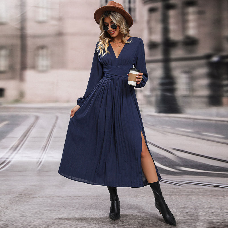 Damen Langes Viskose-Maxikleid mit Wickel-Taille, tiefem V‑Ausschnitt und hohem Beinschlitz Echoarchiv
