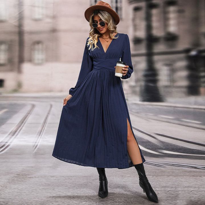 Damen Langes Viskose-Maxikleid mit Wickel-Taille, tiefem V‑Ausschnitt und hohem Beinschlitz Echoarchiv