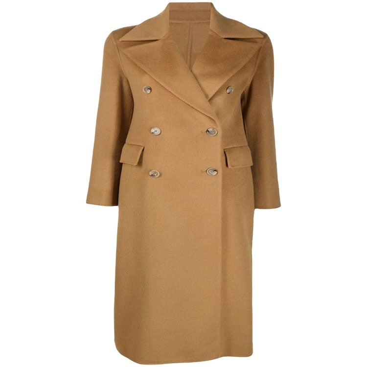 Damen Bodenlanger Zweireihiger Wollmix-Longcoat mit dezentem Gehschlitz und breitem Schalkragen Echoarchiv