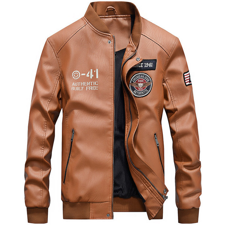Herren nan leichte Kunstleder-Bomberjacke im Pilotenstil mit gestickten Patches und verdeckter Reißverschlussleiste Echo Archiv