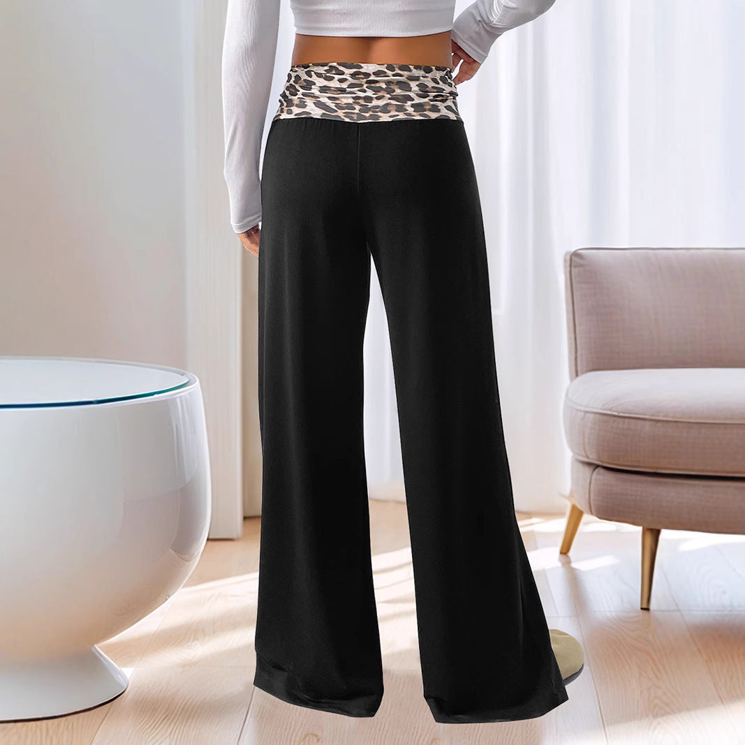 Damen Weite Loungewear‑Hose mit umgeschlagenem Leopardenbund und hoher Taille Echoarchiv