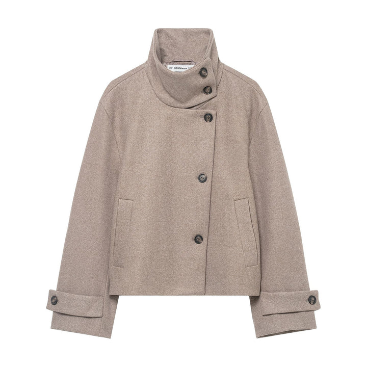 Damen Kurzjacke im Boxy-Cut aus Wollmix mit hohem Stehkragen und asymmetrischer Knopfleiste Echoarchiv