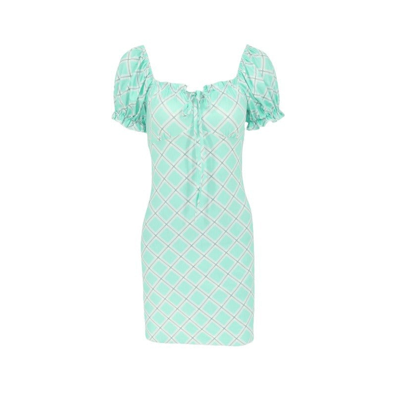 Damen figurbetontes Minikleid mit Puffärmeln und Karomuster Echo Archiv