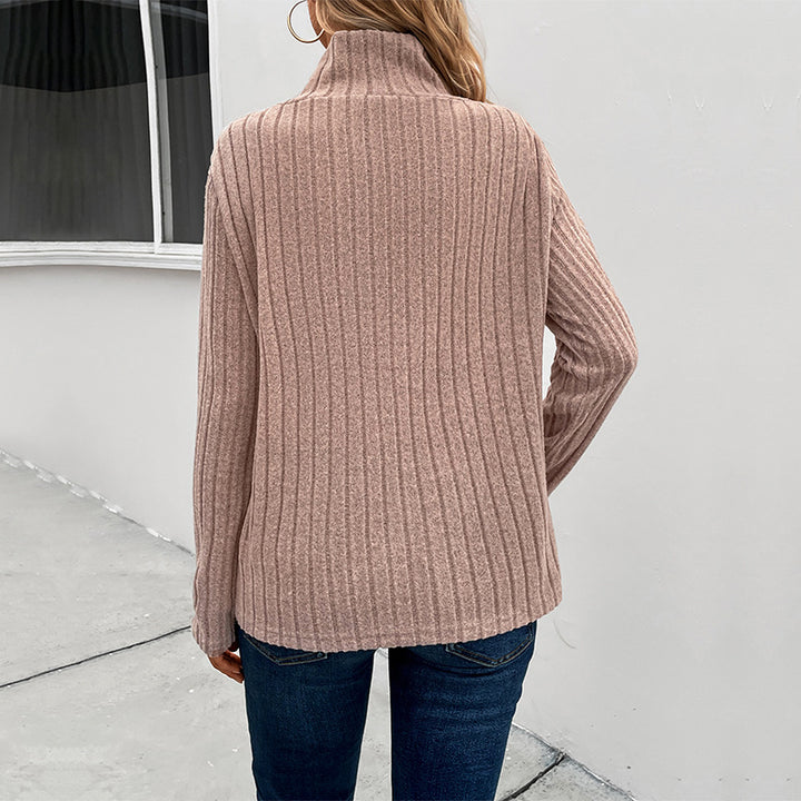 Damen Gerippter Feinstrickpullover mit überlappendem Stehkragen Echoarchiv