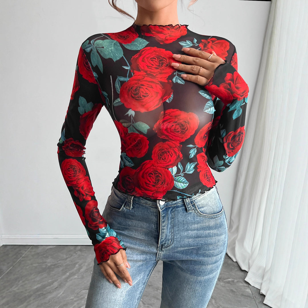 Damen nan figurbetontes Netz-Langarmshirt mit Rosenmotiv, Stehkragen und Wellensaum Echo Archiv