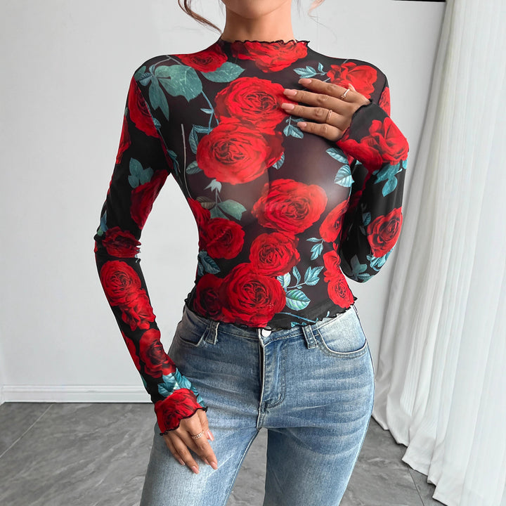 Damen nan figurbetontes Netz-Langarmshirt mit Rosenmotiv, Stehkragen und Wellensaum Echo Archiv