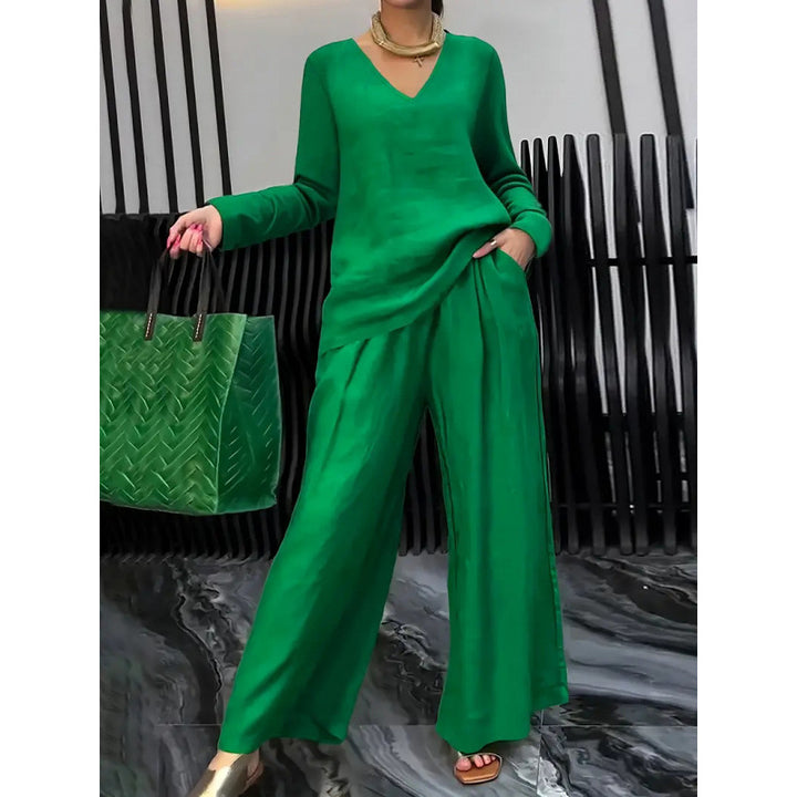 Damen Feiner V-Ausschnitt Strickpullover mit fließender Palazzo-Hose Echo Archiv