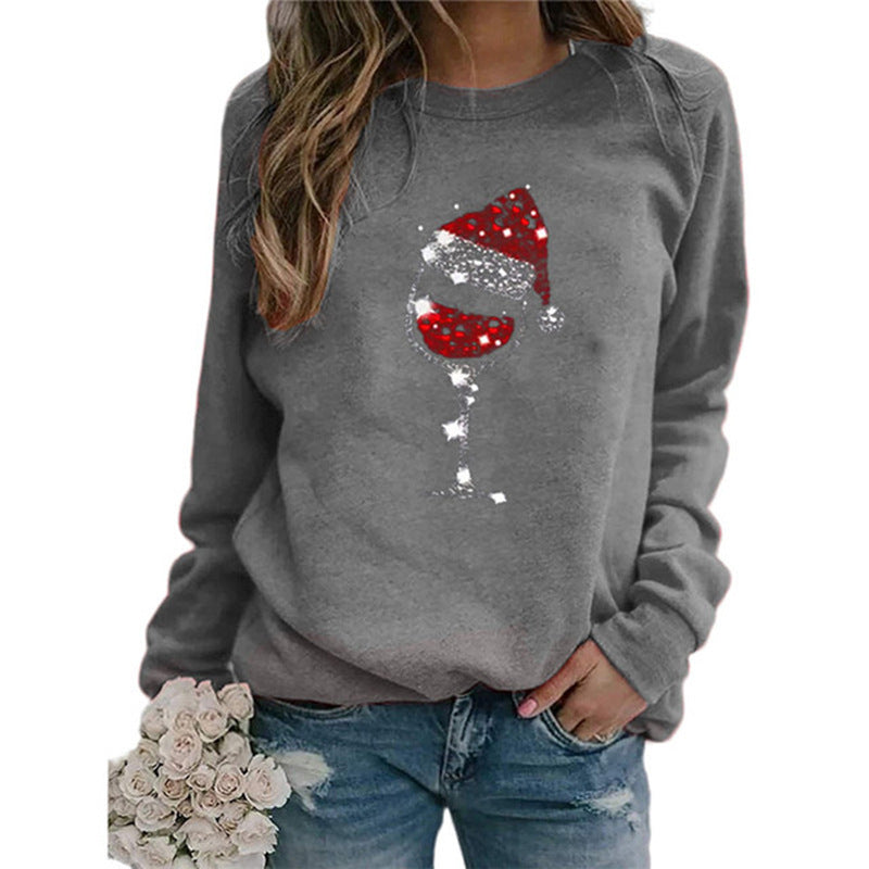Damen Weihnachts Sweatshirt mit Pailletten Weinglas und Rundhalsausschnitt – Mavelle