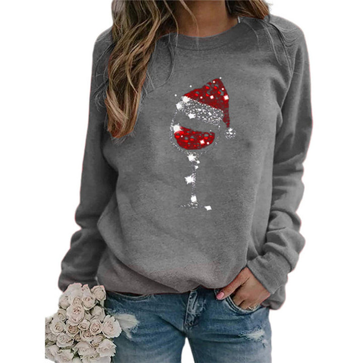 Damen Weihnachts Sweatshirt mit Pailletten Weinglas und Rundhalsausschnitt – Mavelle