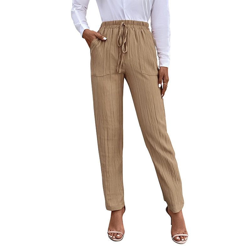 Damen Leichte Crinkle-Hose mit hohem Elastikbund, Tunnelzug und aufgesetzten Taschen Echoarchiv