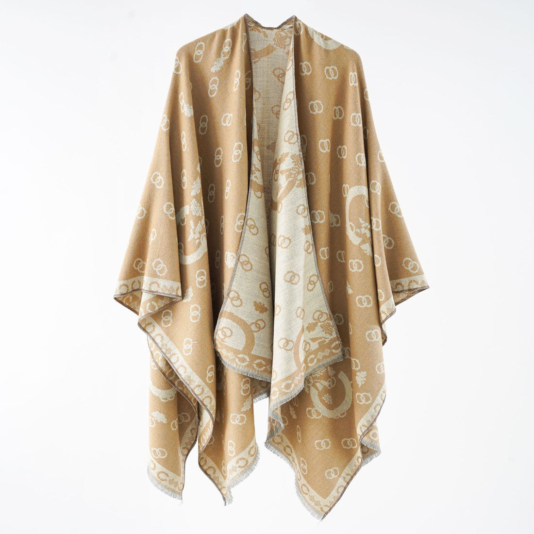Damen Wendbarer Jacquard-Überwurf mit Fransen und großzügiger Wrap-Silhouette – Avelisse