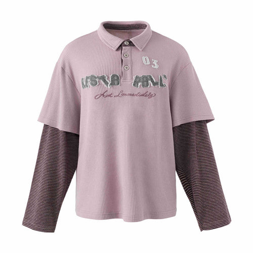 Damen Lässiges Layered-Polo-Shirt mit Rippenstruktur und gestreiften Einsatzärmeln Echoarchiv
