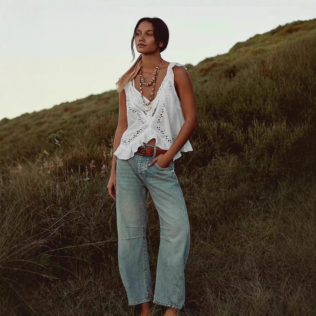 Damen luftiger Leinen-Crop-Top mit Rüschen Echo Archiv