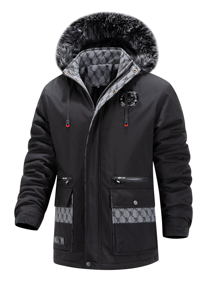 Herren Langer Thermo-Parka mit Kapuze, Logo-Innenfutter und Multifunktions-Taschen Echoarchiv