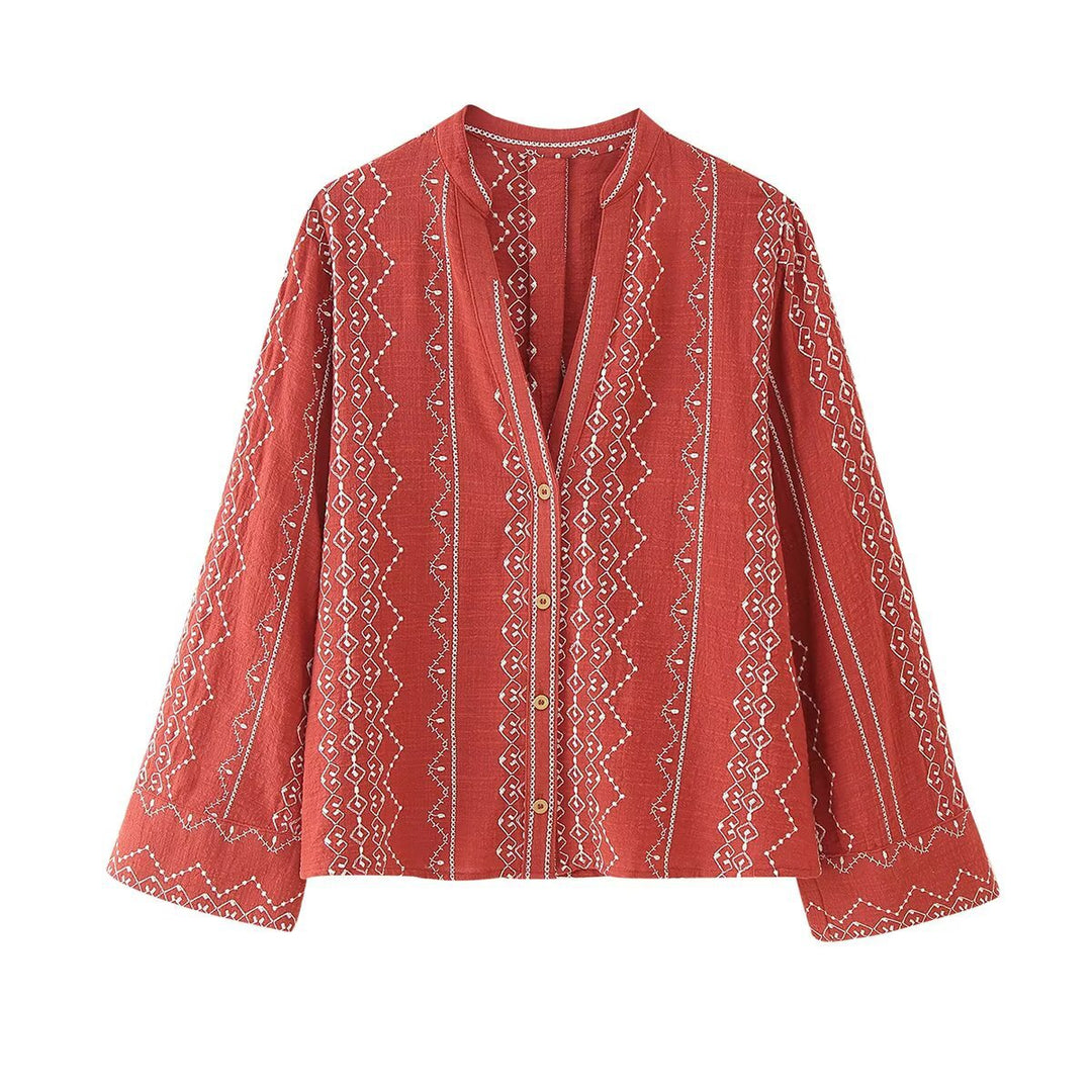 Damen bestickte Blusenjacke mit V-Ausschnitt und lockerer A-Linien-Silhouette Echoarchiv