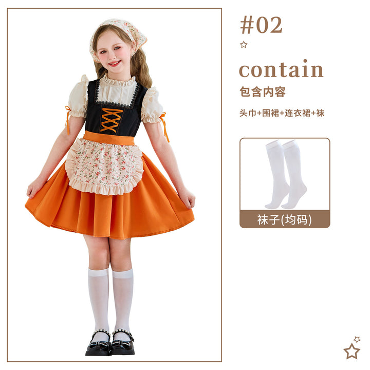 Damen nan traditionelles Kinderdirndl mit Schnürung, Rüschenschürze und Kopftuch Echo Archiv