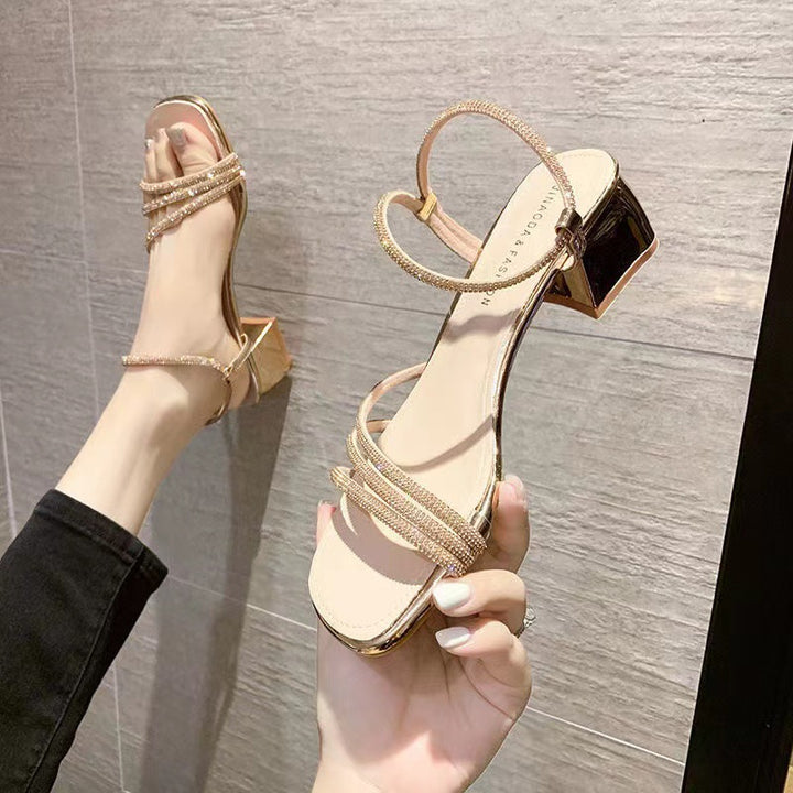 Damen Elegante Strass‑Riemchen Sandaletten mit quadratischer Zehenbox und stabilem Blockabsatz – Sorelia