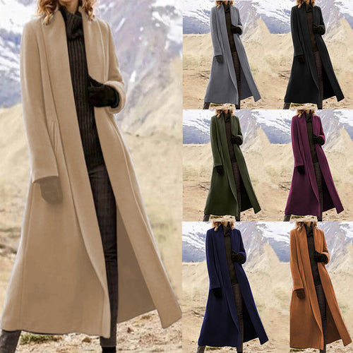 Damen eleganter langer Wollmix-Mantel mit offenem Fall und seitlichen Eingrifftaschen Echoarchiv