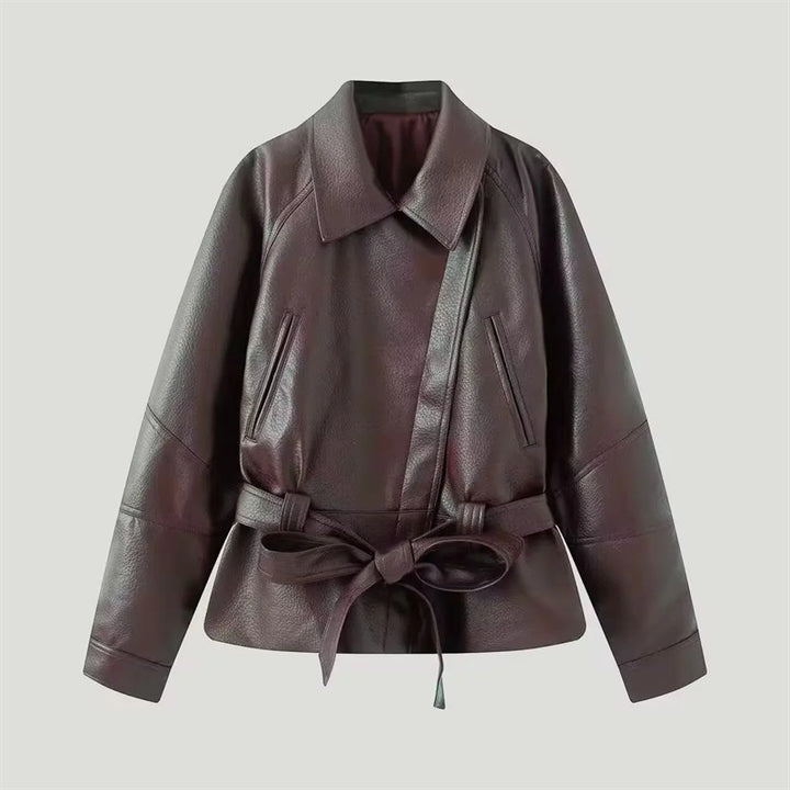 Damen nan taillierte Kunstlederjacke mit Hemdkragen und Bindegürtel Echo Archiv