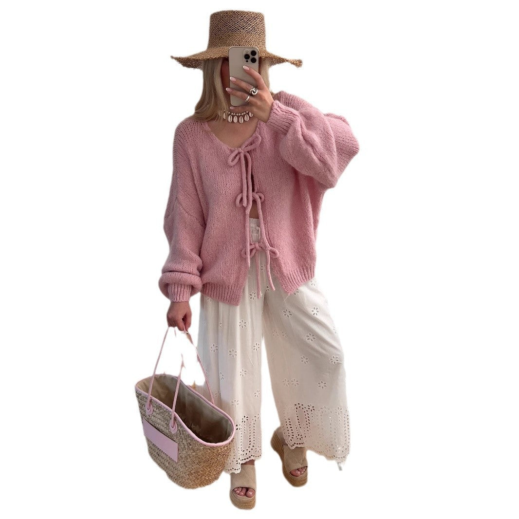 Damen Grobgestrickter Offener Cardigan mit Bindebändern, Oversize‑Silhouette und Raglanärmeln – Veloura