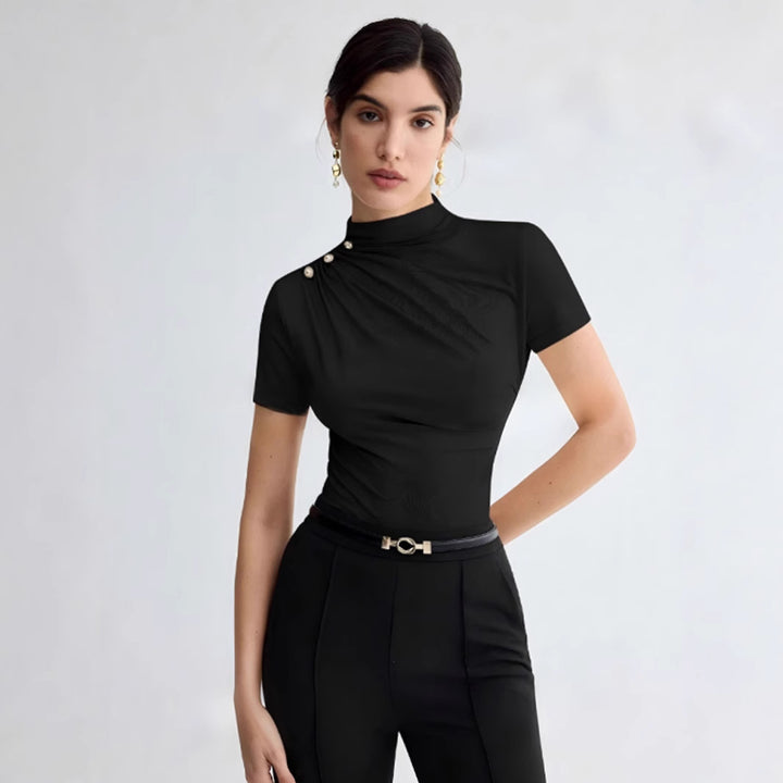 Damen elegantes Oberteil mit dekorativen Knopfdetails und modernem Stehkragen Echo Archiv