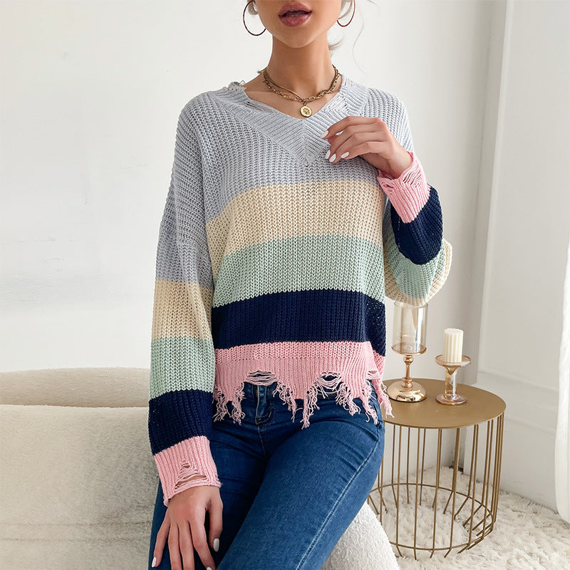 Damen Oversize Strickpullover mit V‑Ausschnitt, Streifenmuster und ausgefranstem Saum Echoarchiv