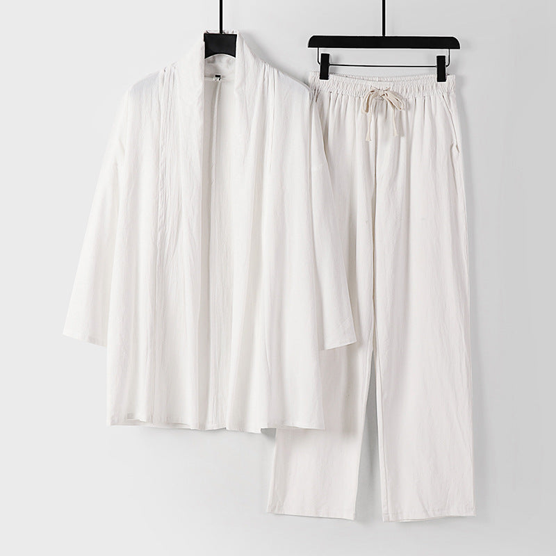 Unisex Lässiges Kimono-Zweiteiler aus atmungsaktivem Leinen-Viskose mit offenem Schalkragen und Kordelbundhose Echoarchiv