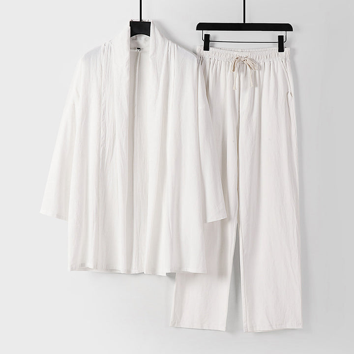 Unisex Lässiges Kimono-Zweiteiler aus atmungsaktivem Leinen-Viskose mit offenem Schalkragen und Kordelbundhose Echoarchiv