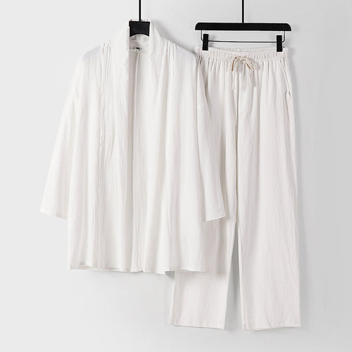 Unisex Lässiges Kimono-Zweiteiler aus atmungsaktivem Leinen-Viskose mit offenem Schalkragen und Kordelbundhose Echoarchiv