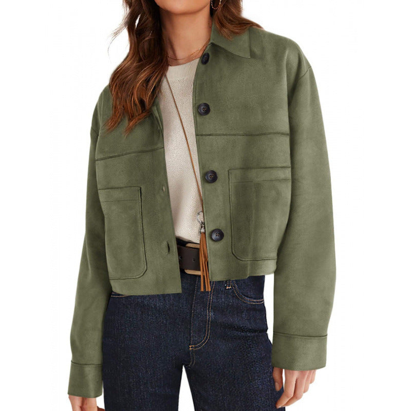 Damen kurze Wildleder-Optik Jacke mit aufgesetzten Taschen und Hemdkragen Echo Archiv