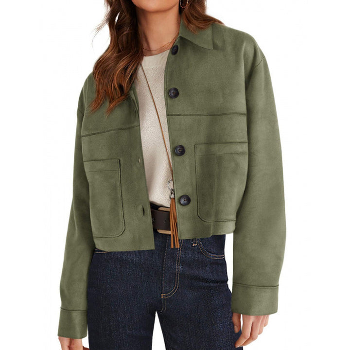 Damen kurze Wildleder-Optik Jacke mit aufgesetzten Taschen und Hemdkragen Echo Archiv