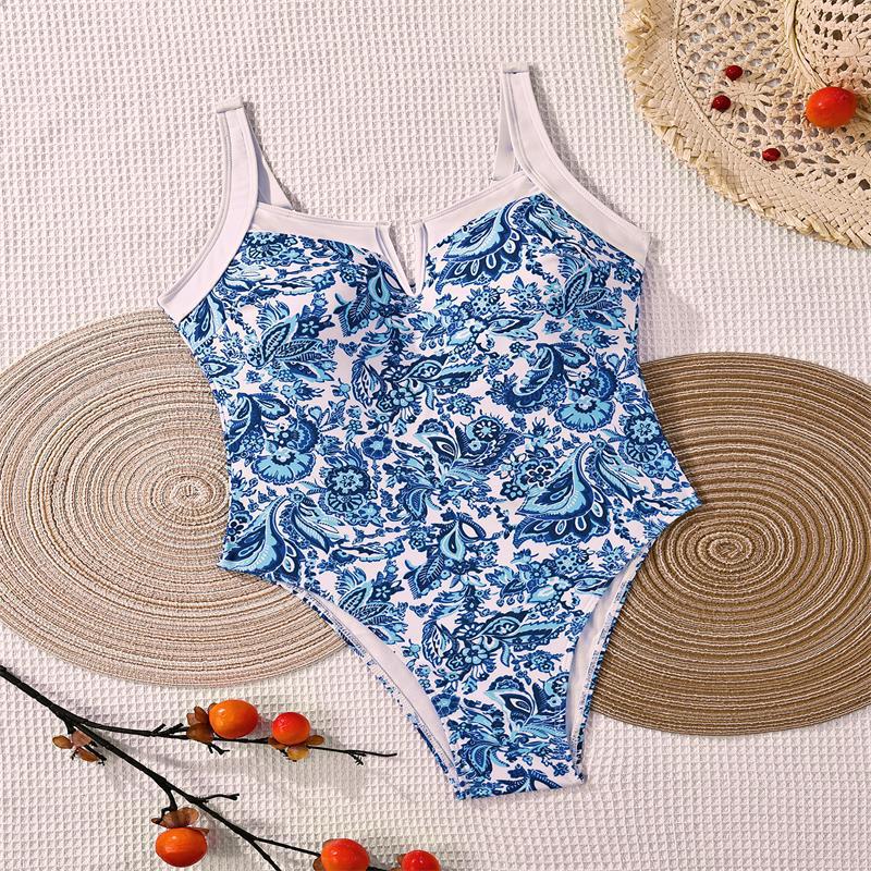 Damen Einteiler Badeanzug mit floralem Design und modischem V-Ausschnitt Echo Archiv