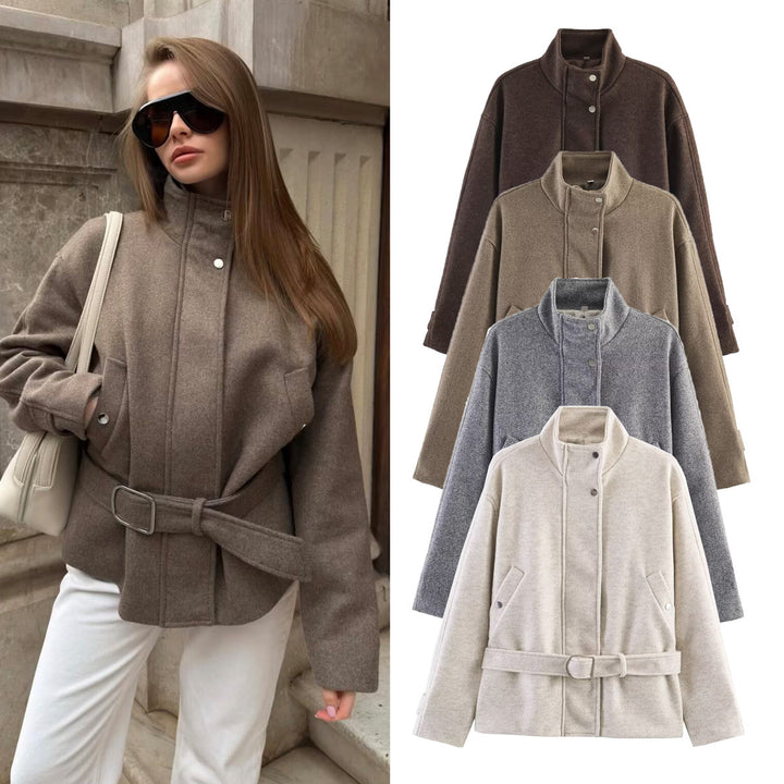 Damen Gekürzte Wollmix-Jacke mit Stehkragen, Taillengürtel und Druckknopfverschluss Echo Archiv