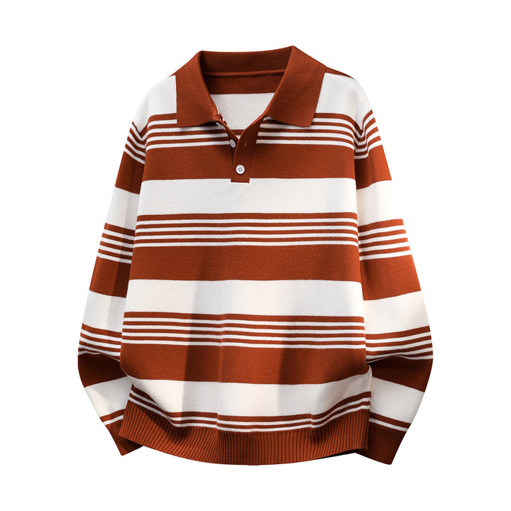 Damen Oversize Langarm-Polo-Strickpullover mit Retro-Streifen und Brustknopfleiste Echoarchiv